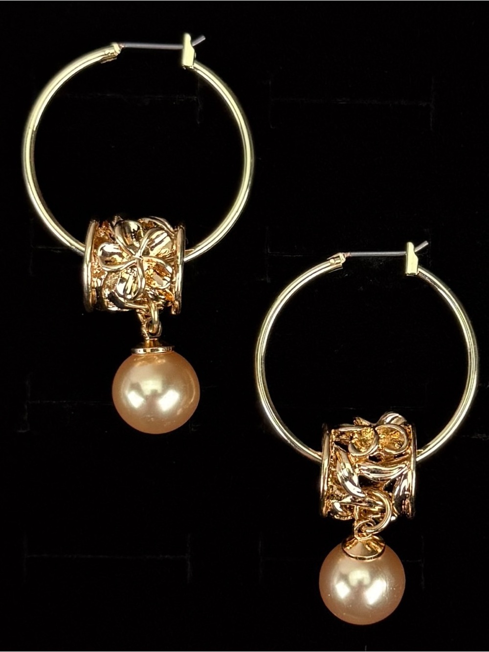 Goldtone Faux Pearl Drop Pierced Hoop Earrings